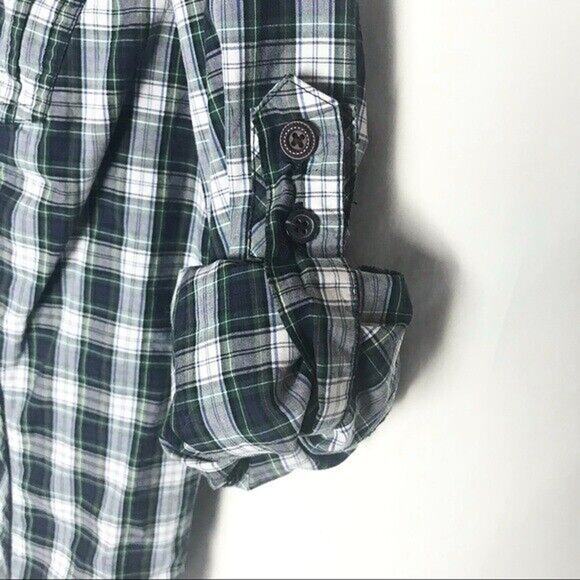 3/$20 Old Navy Women's Large Button Up Plaid Shirt Roll Tab Sleeves Collared - Picture 5 of 9